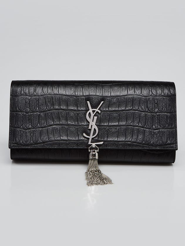 Yves Saint Laurent Black Croc Embossed Leather Tassel Kate Clutch Bag