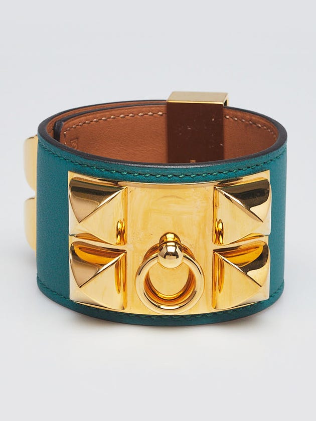 Hermes Malachite Swift Leather Gold Plated Collier de Chien Bracelet Size S