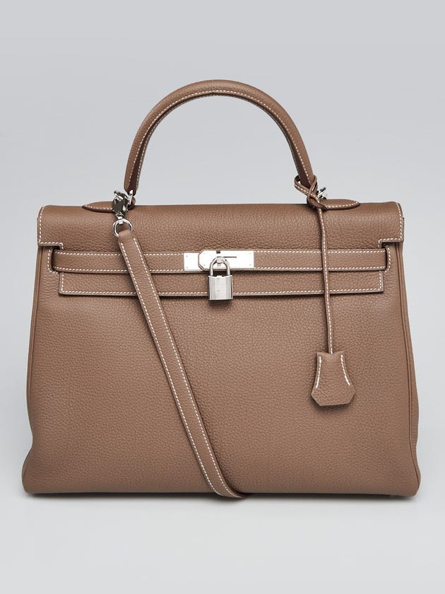 Hermes 35cm Etoupe Togo Leather Palladium Plated Kelly Retourne Bag