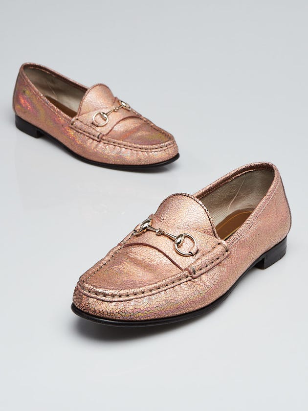 Gucci Pink Salmon Metallic Leather Horsebit Loafers Size 8/38.5 