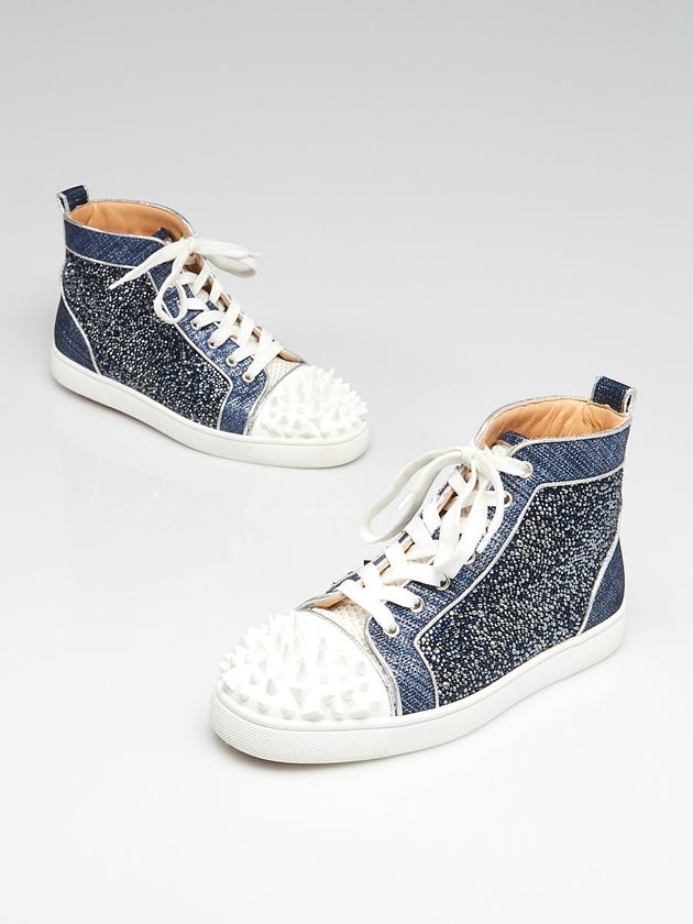 Christian Louboutin Blue/White Fabric/Leather Spikes High-Top Sneakers Size 9.5/40