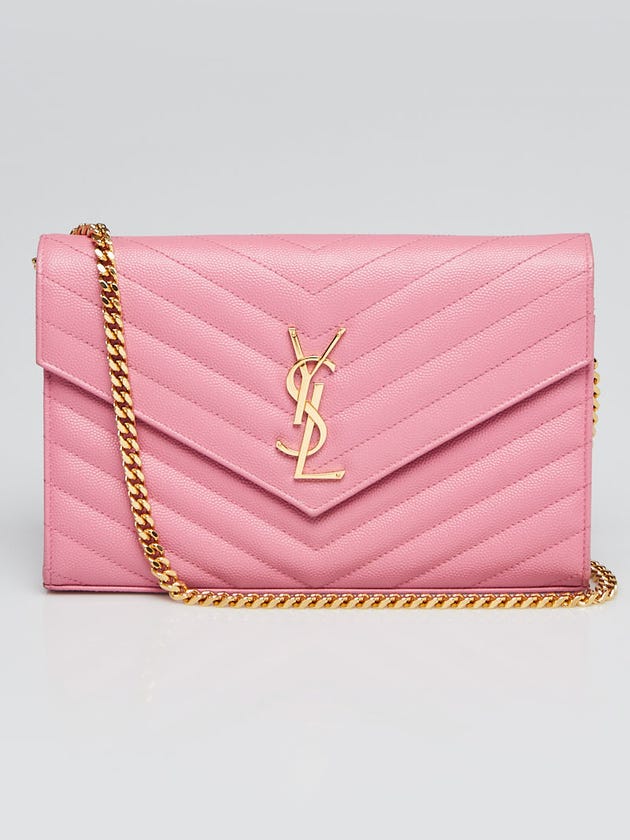 Yves Saint Laurent Pink Chevron Quilted Grained Leather Metalasse Wallet On Chain Bag