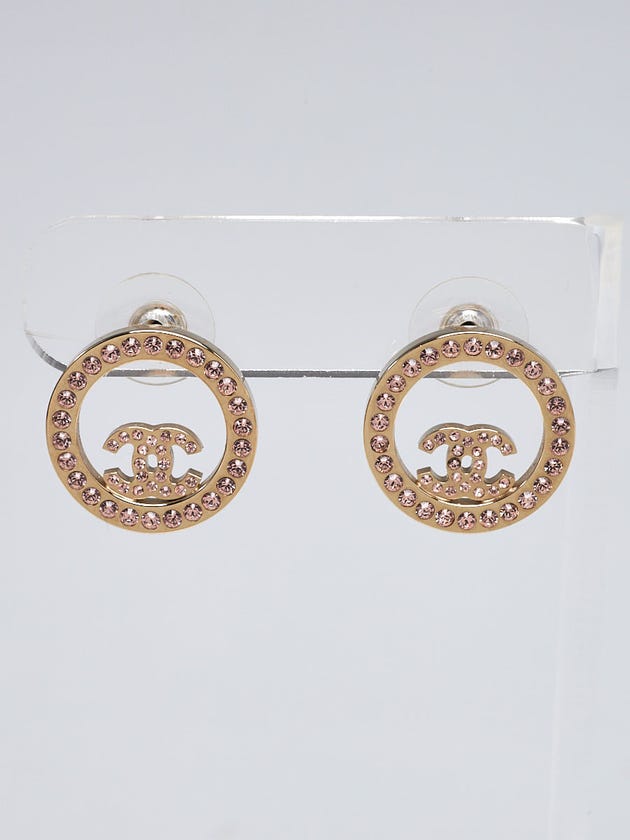 Chanel Goldtone Metal and Pink Crystal Round CC Earrings
