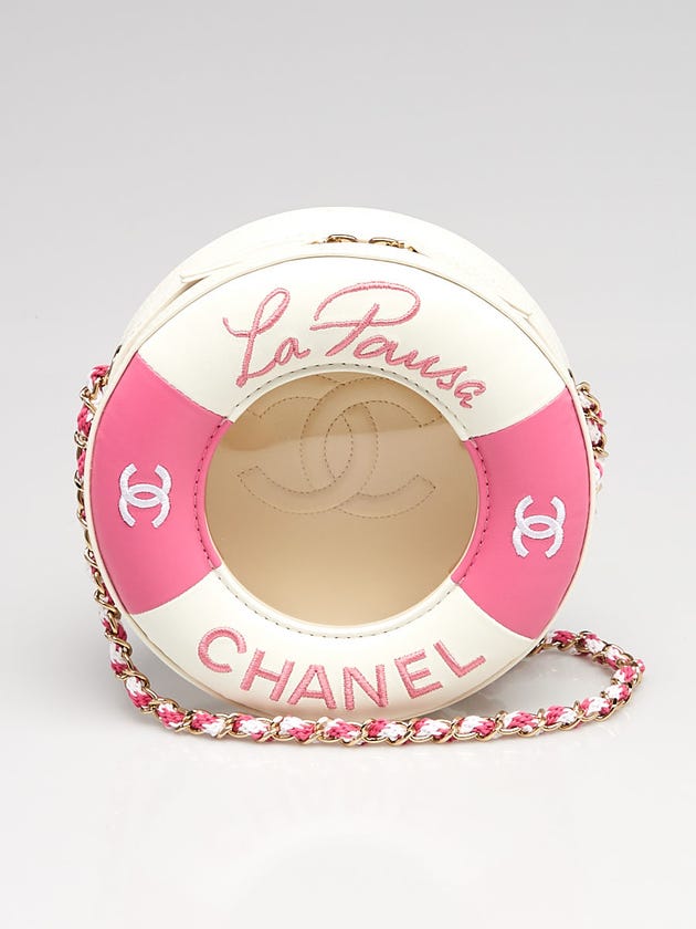 Chanel Pink/White Lambskin Leather Coco Lifesaver Small Round Bag