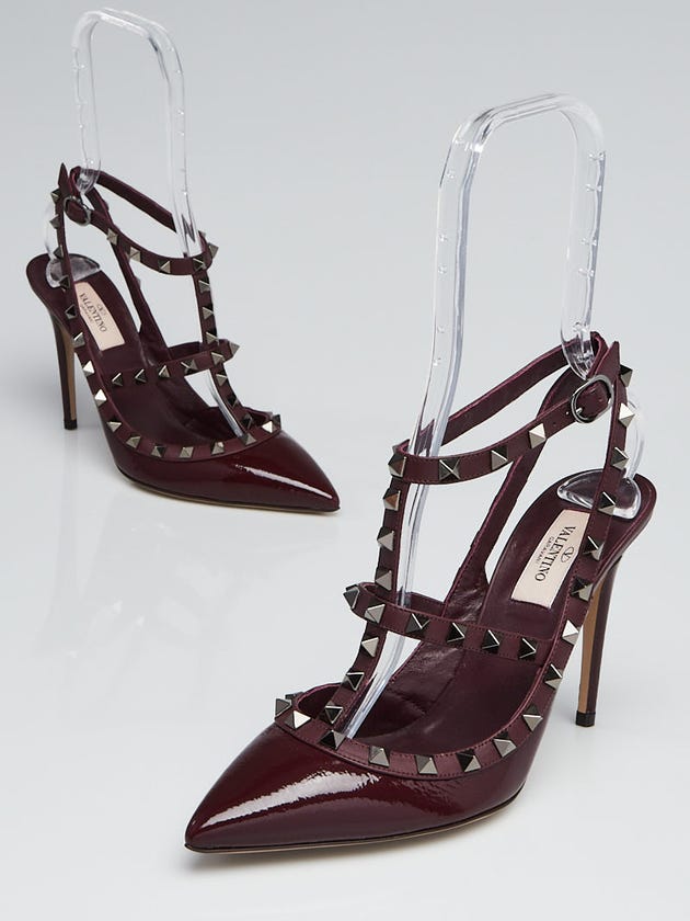 Valentino Deep Purple Textured Patent Leather T-Strap Rockstud Heels Size 8/38.5