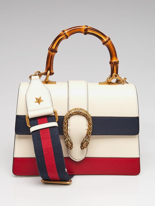 Gucci White/Blue/Red Striped Leather Dionysus Medium Top Handle Bag