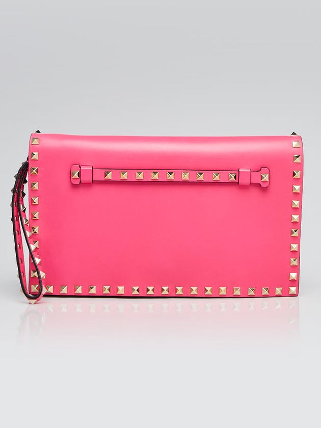 Valentino Neon Pink Nappa Leather Rockstud Clutch Bag