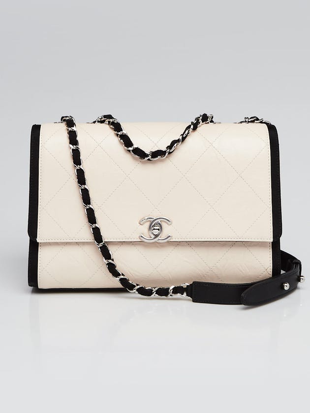 Chanel Beige/Black Grained Crumpled Calfskin Leather Flap Bag