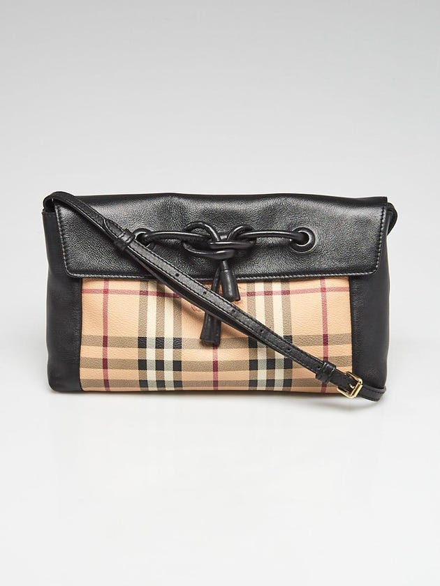 Burberry Black Leather Haymarket Check Coated Canvas Crossbody Flap Bag