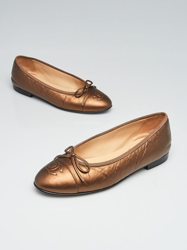 Chanel Bronze Calfskin Cap Toe CC Ballet Flats Size 6/36.5