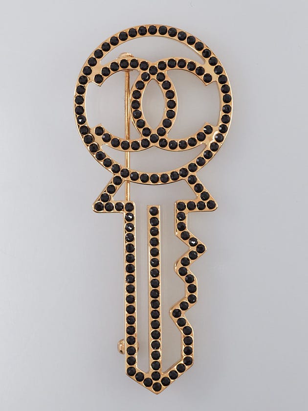 Chanel Goldtone Metal and Black Swarovski Crystal Key Brooch