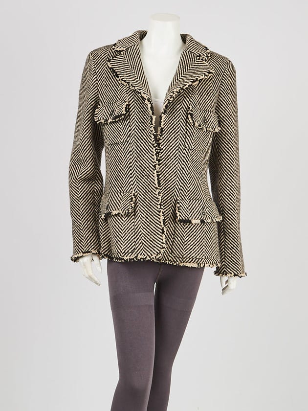 Chanel Black/White Wool Herringbone Oversized Jacket Size 12/44