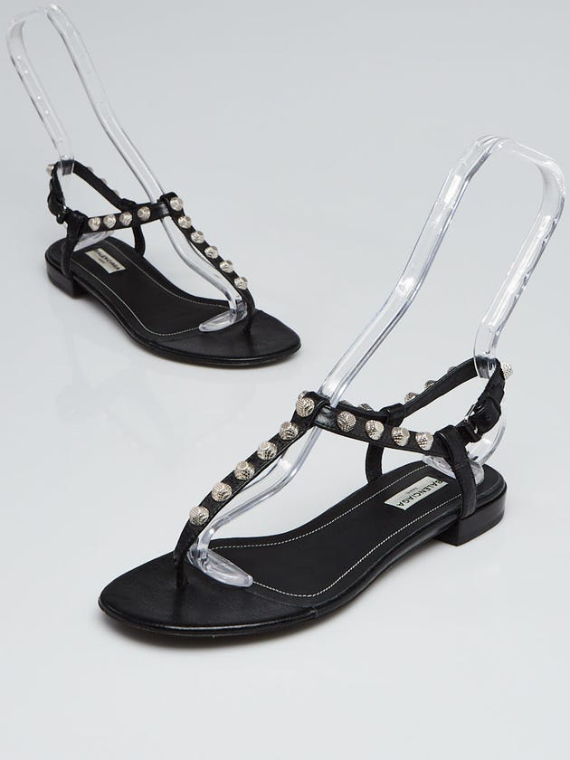 Balenciaga Black Leather Studded T-Strap Sandals Size 6.5/37