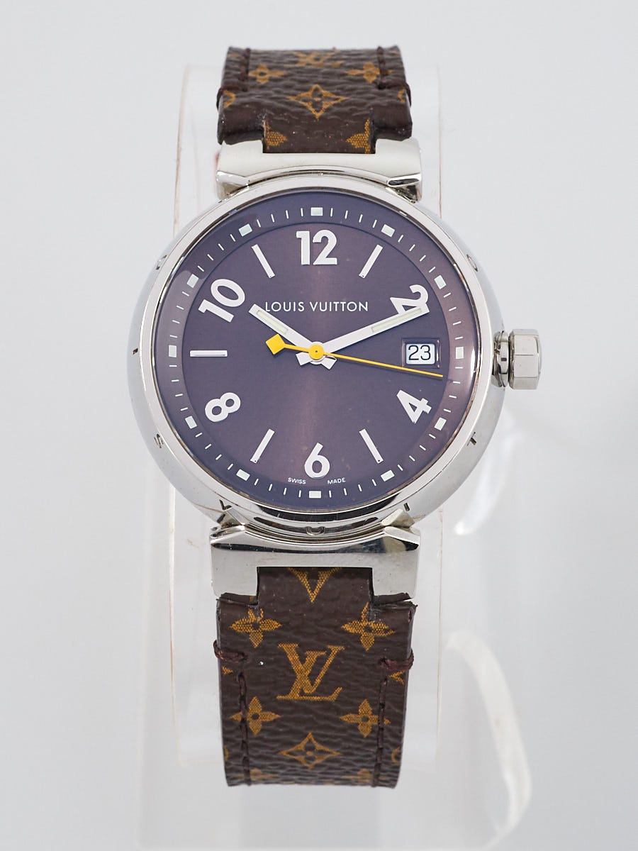 Authentic Louis Vuitton Tambour Quartz Watch in Brown Steel