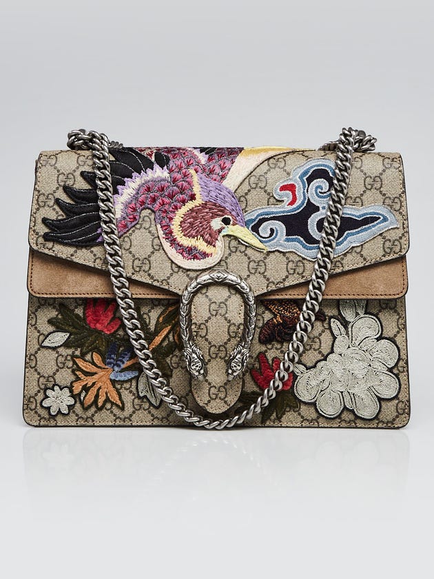 Gucci Beige GG Supreme Canvas Embroidered Bird/Flowers Medium Dionysus Shoulder Bag