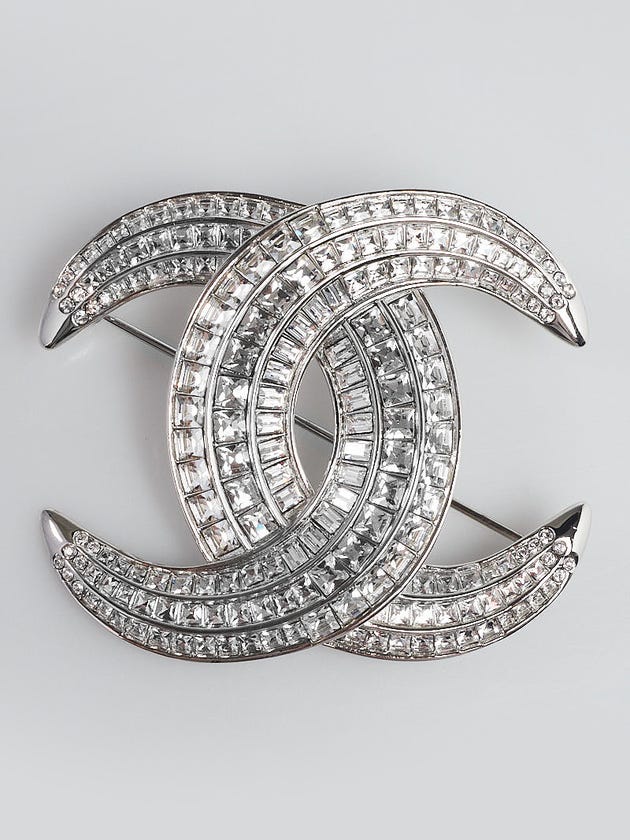 Chanel Silvertone and Crystal CC Brooch