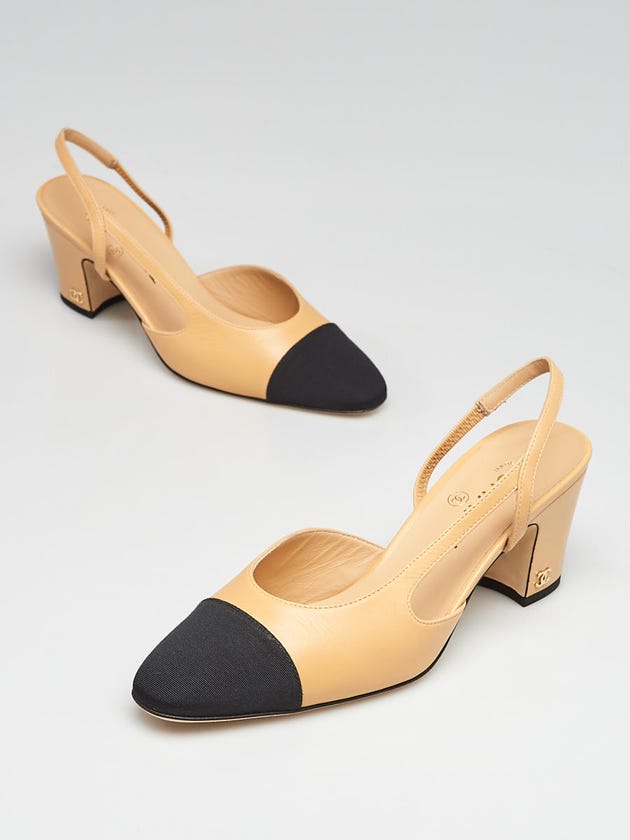 Chanel Beige/Black Leather Cap-Toe Pumps Size 7/37.5