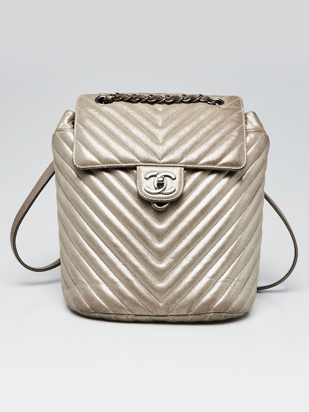 Chanel Silver Chevron Quilted Iridescent Calfskin Leather Urban Spirit Small Backpack Bag