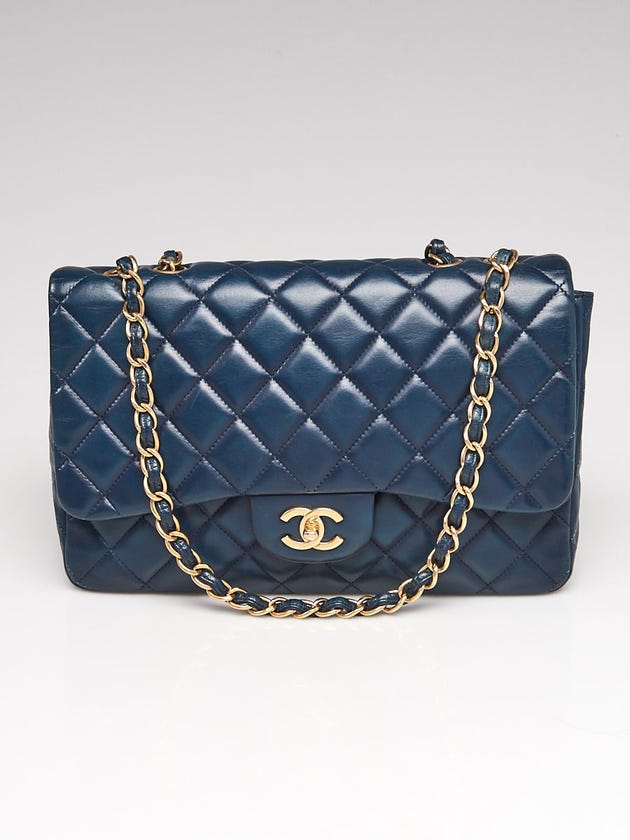 Chanel Blue Quilted Lambskin Leather Classic Single Jumbo Flap Bag