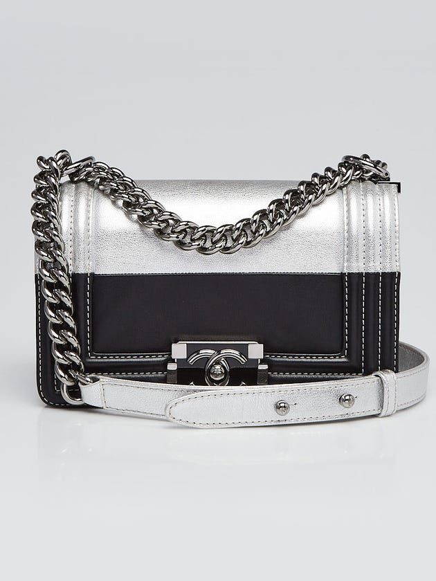 Chanel Silver/Black Leather Small Boy Bag