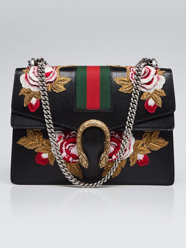 Gucci Black Leather Floral Embroidered Medium Dionysus Shoulder Bag