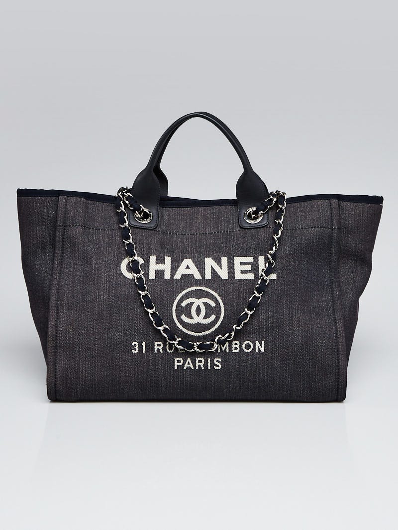 Chanel Navy Blue Denim Deauville Large Shopping Tote Bag - Yoogi's Closet