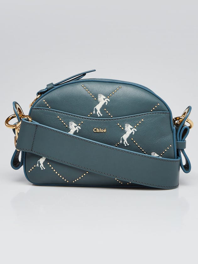 Chloe Cloudy Blue Leather Embroidered Horse Shoulder Bag