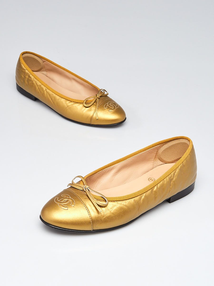 Chanel - Authenticated Ballet Flats - Leather Gold for Women, Good Condition