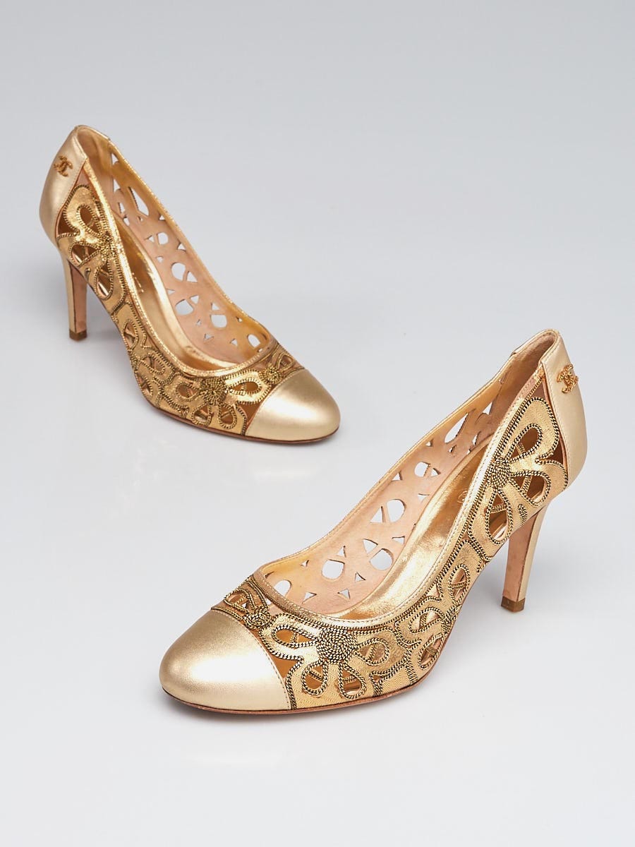 Chanel Gold Leather and Chain Cut-Out Cap Toe Heels Size 8/38.5 - Yoogi's  Closet