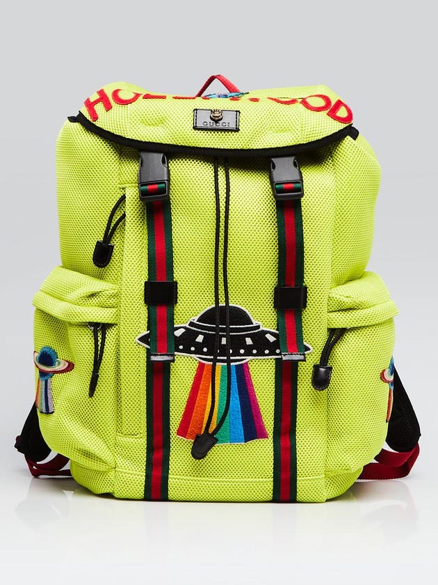 Gucci Neon Yellow Mesh Fabric Hollywood Embroidered Drawstring Backpack
