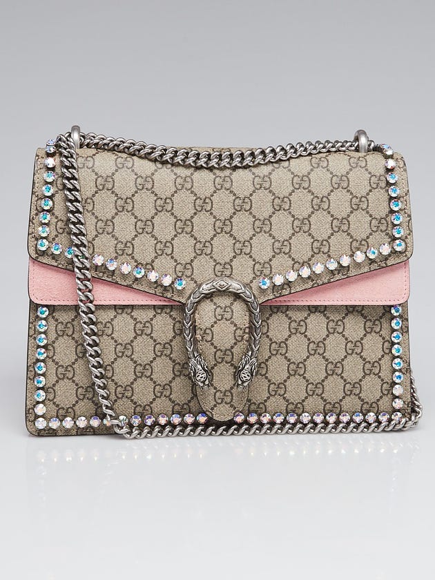 Gucci Beige/Pink GG Supreme Coated Canvas Crystal Medium Dionysus Shoulder Bag