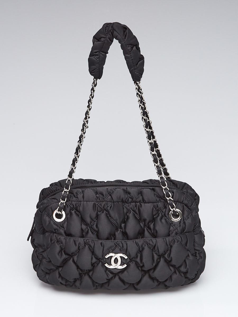 Chanel Black Satin Bubble Quilt Camera Case Shoulder Bag - Yoogi's