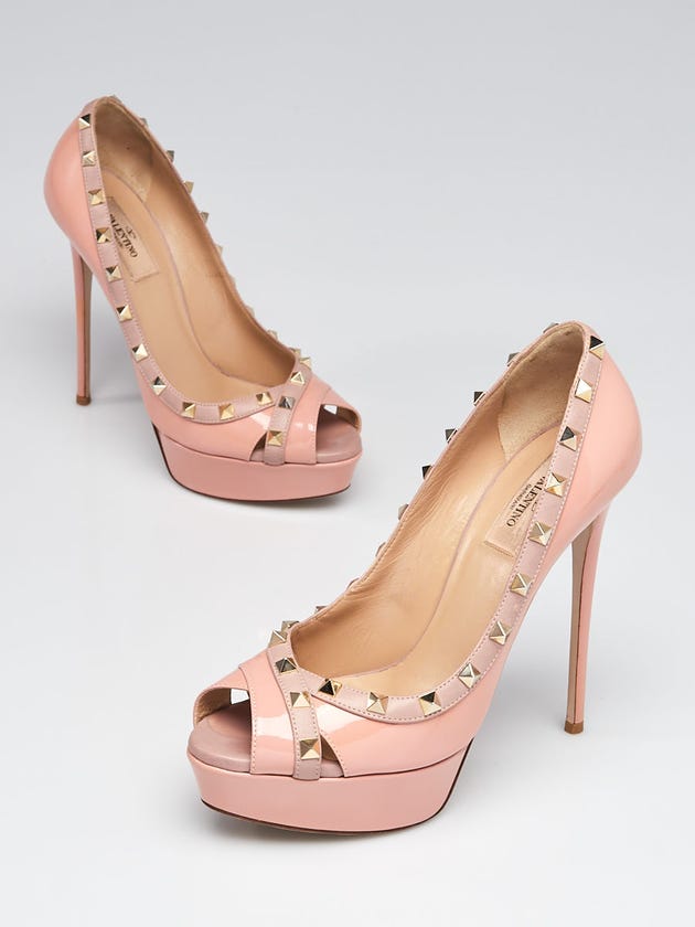 Valentino Pink Patent Leather Rockstud Peep Toe Platform Pumps Size 9/39.5