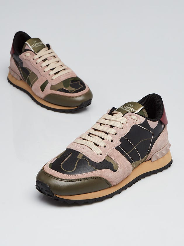 Valentino Pink/Green Camo Print Canvas and Leather Rockstud Sneakers Size 4.5/35