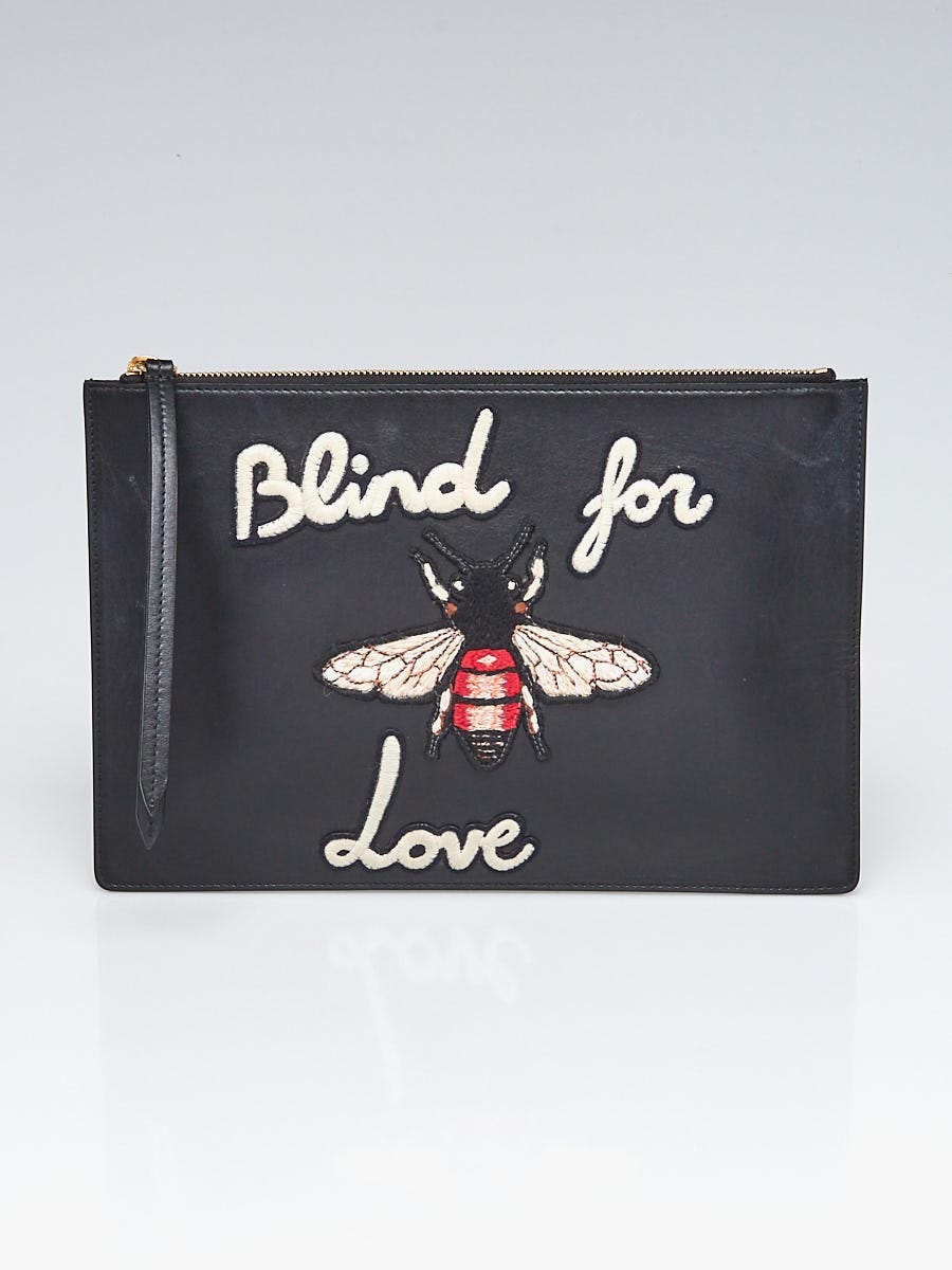Gucci Black Leather Blind For Love Zip Pouch Clutch Bag | Yoogi's