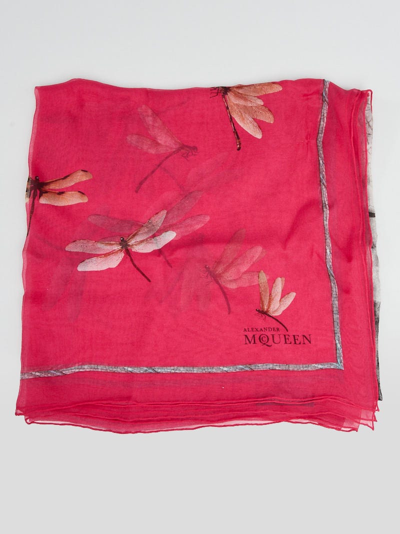 Alexander McQueen Pink Silk Chiffon Dragonfly Skull Scarf - Yoogi's
