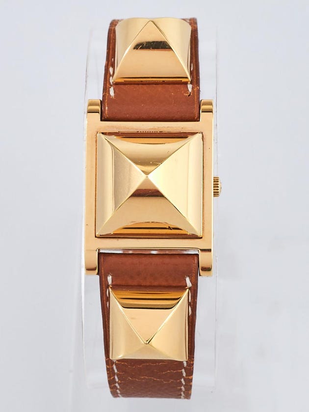 Hermes Gold Epsom Leather Gold Plated Medor Studded Quartz Watch