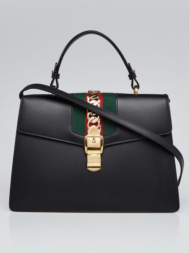 Gucci Black Leather Vintage Web Medium Sylvie Shoulder Bag