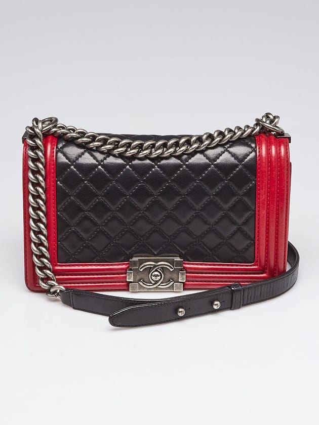 Chanel Black/Red Quilted Lambskin Leather Medium Boy Bag