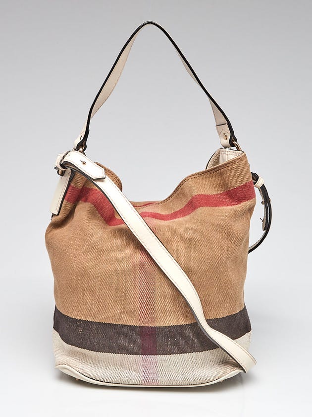 Burberry White Leather and Canvas Check Small Susanna Bucket Bag