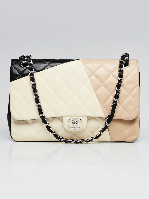 Chanel Black/White/Beige Quilted Lambskin Leather Jumbo Double Flap Bag