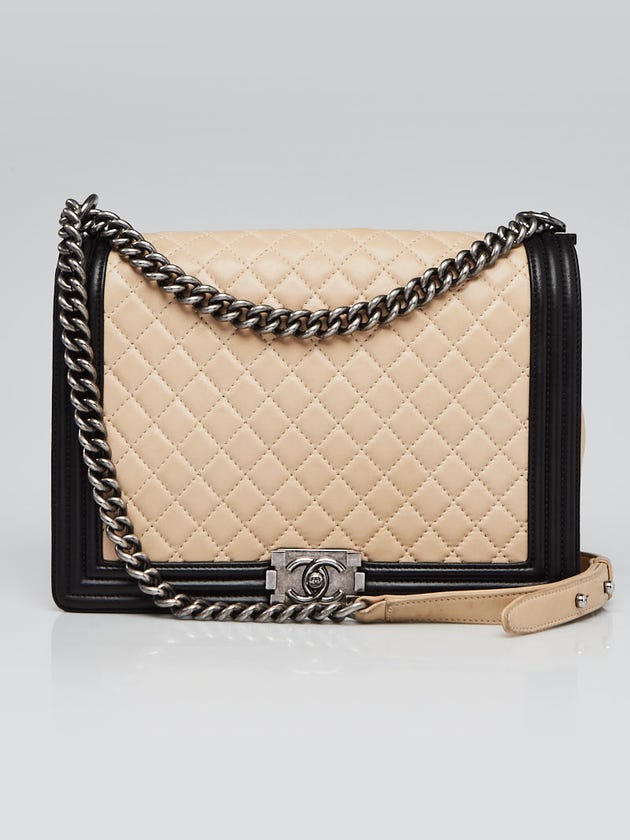Chanel Beige/Black Quilted Lambskin Leather Large Boy Bag