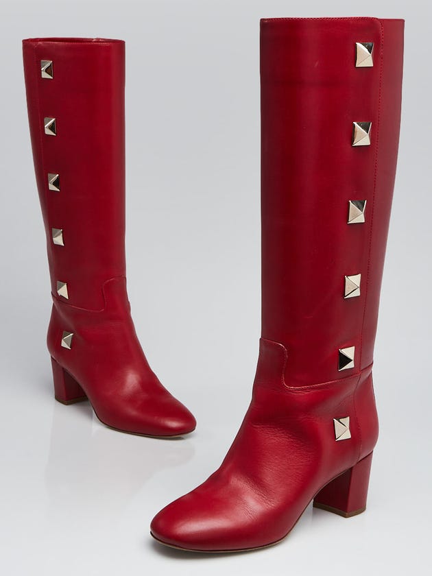 Valentino Red Smooth Leather Rockstud Tall Boots Size 7.5/38