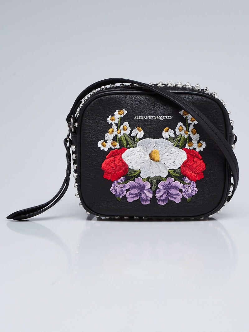 Alexander McQueen Black Leather Floral Embroidered Crossbody