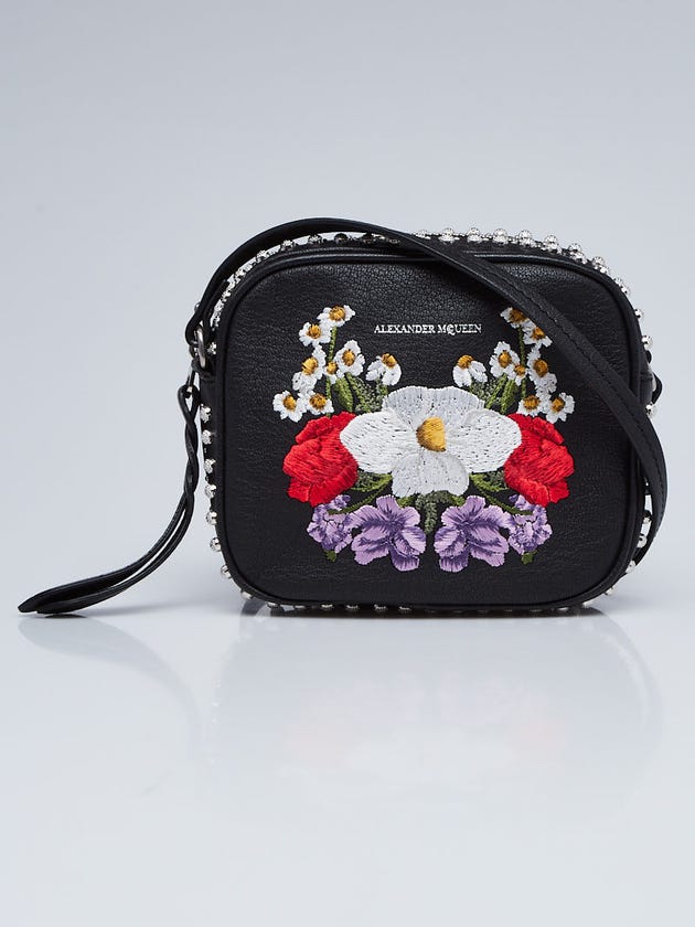 Alexander McQueen Black Leather Floral Embroidered Crossbody Bag