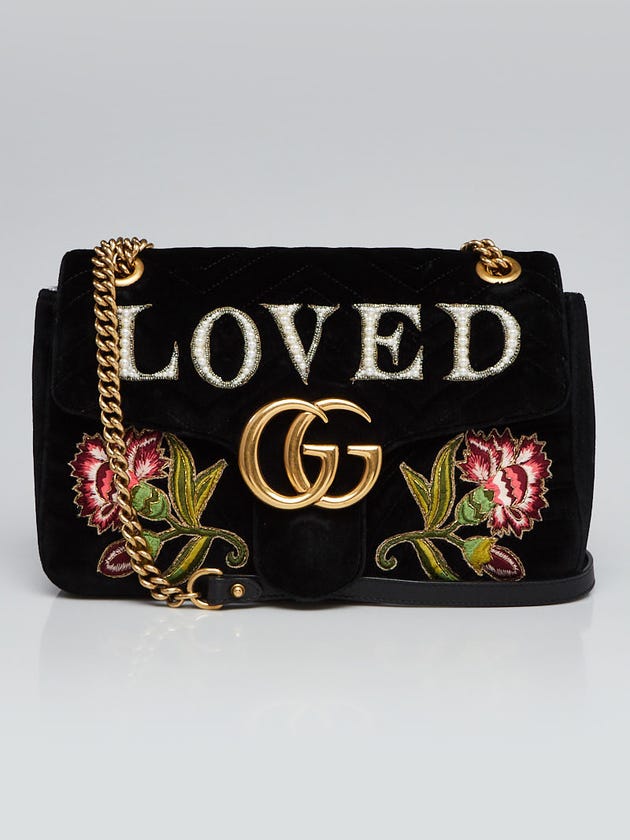 Gucci Black Velvet Embroidered Medium Marmont Bag