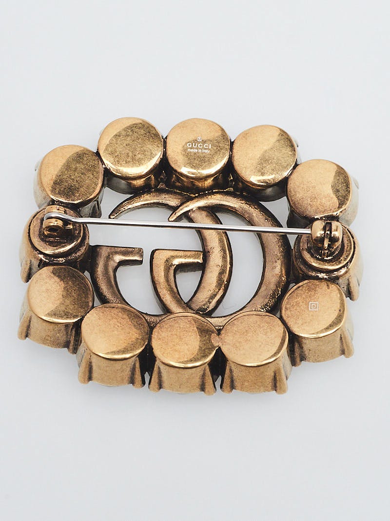Gucci Goldtone Metal/Crystal GG Logo Brooch | Yoogi's Closet