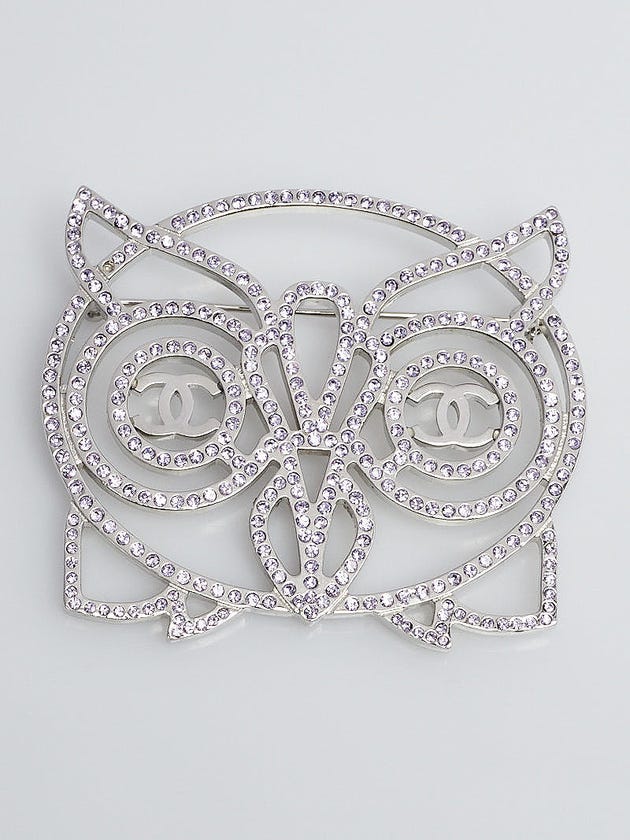 Chanel Silvertone Metal and Purple Swarovski Crystal Owl Brooch