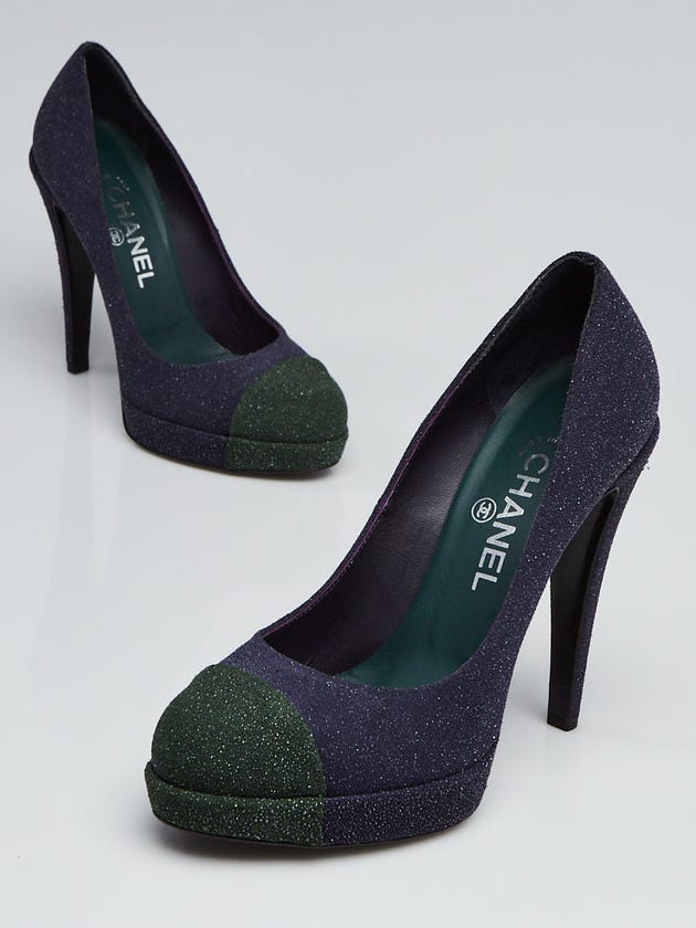 Chanel Blue/Green Glitter Leather Cap Toe Platform Heels Size 7.5/38