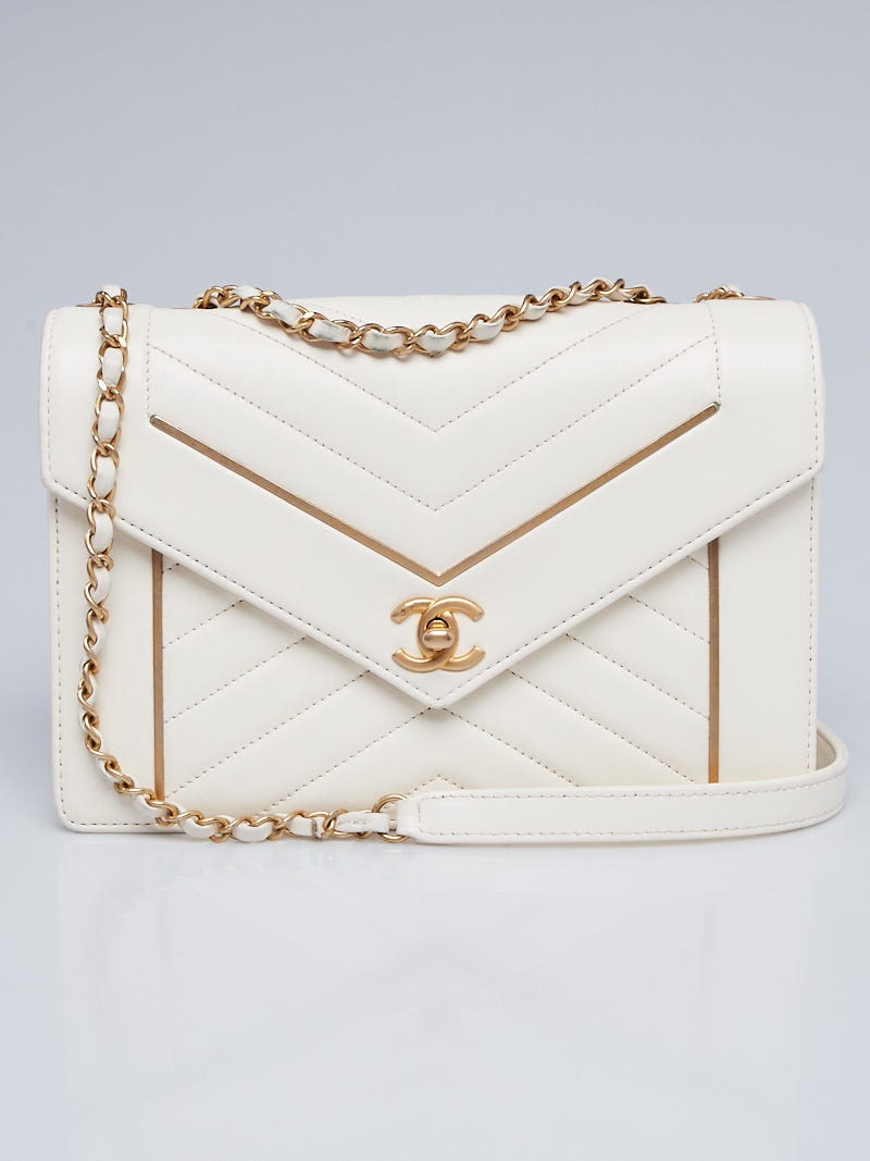 Chanel White Quilted Lambskin Leather Reversed Chevron Small Flap